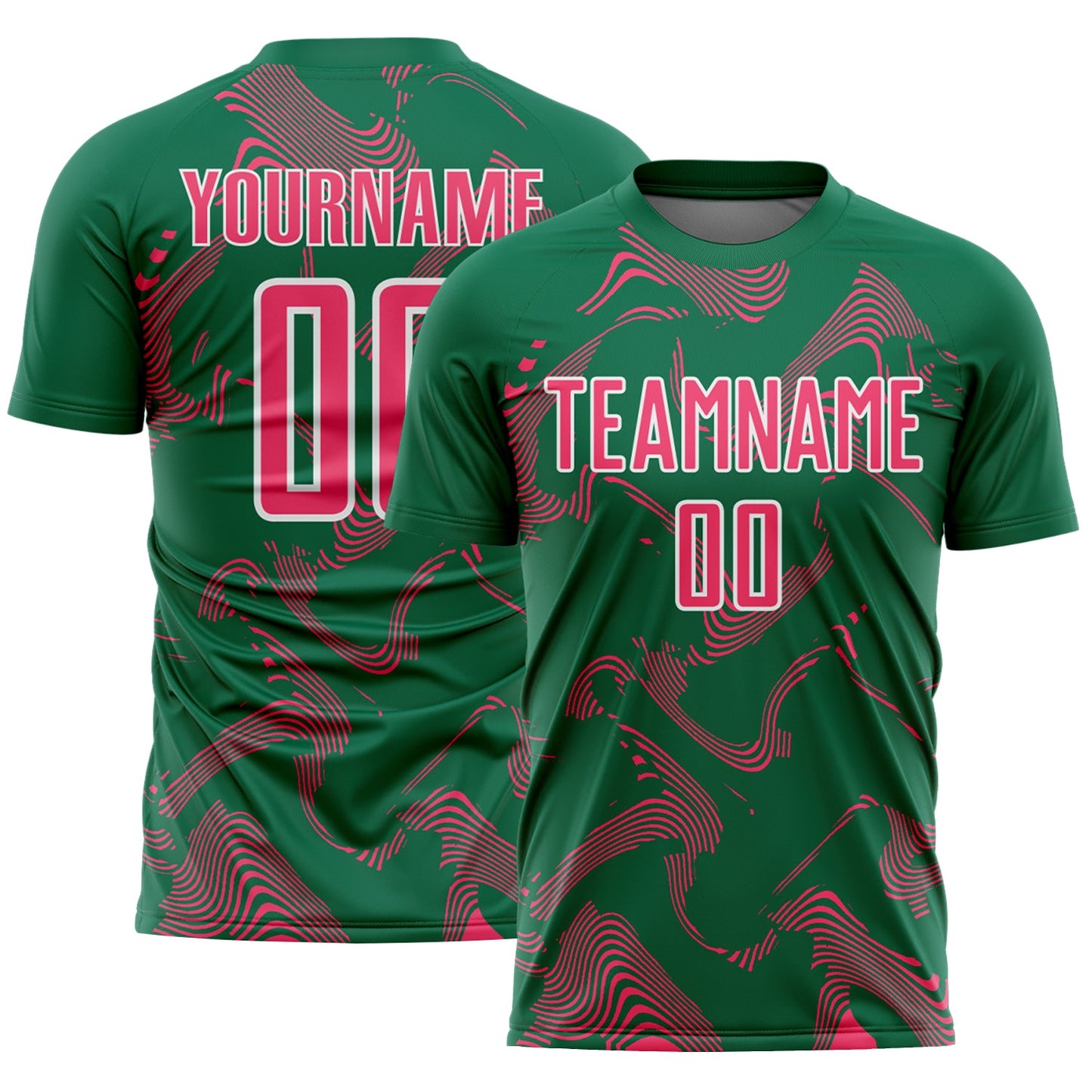 Custom Kelly Green Neon Pink-White Curve Lines Sports Sublimation Soccer Uniform Jersey - Main View