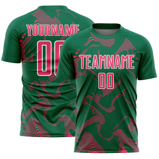 Custom Kelly Green Neon Pink-White Curve Lines Sports Sublimation Soccer Uniform Jersey - Main View
