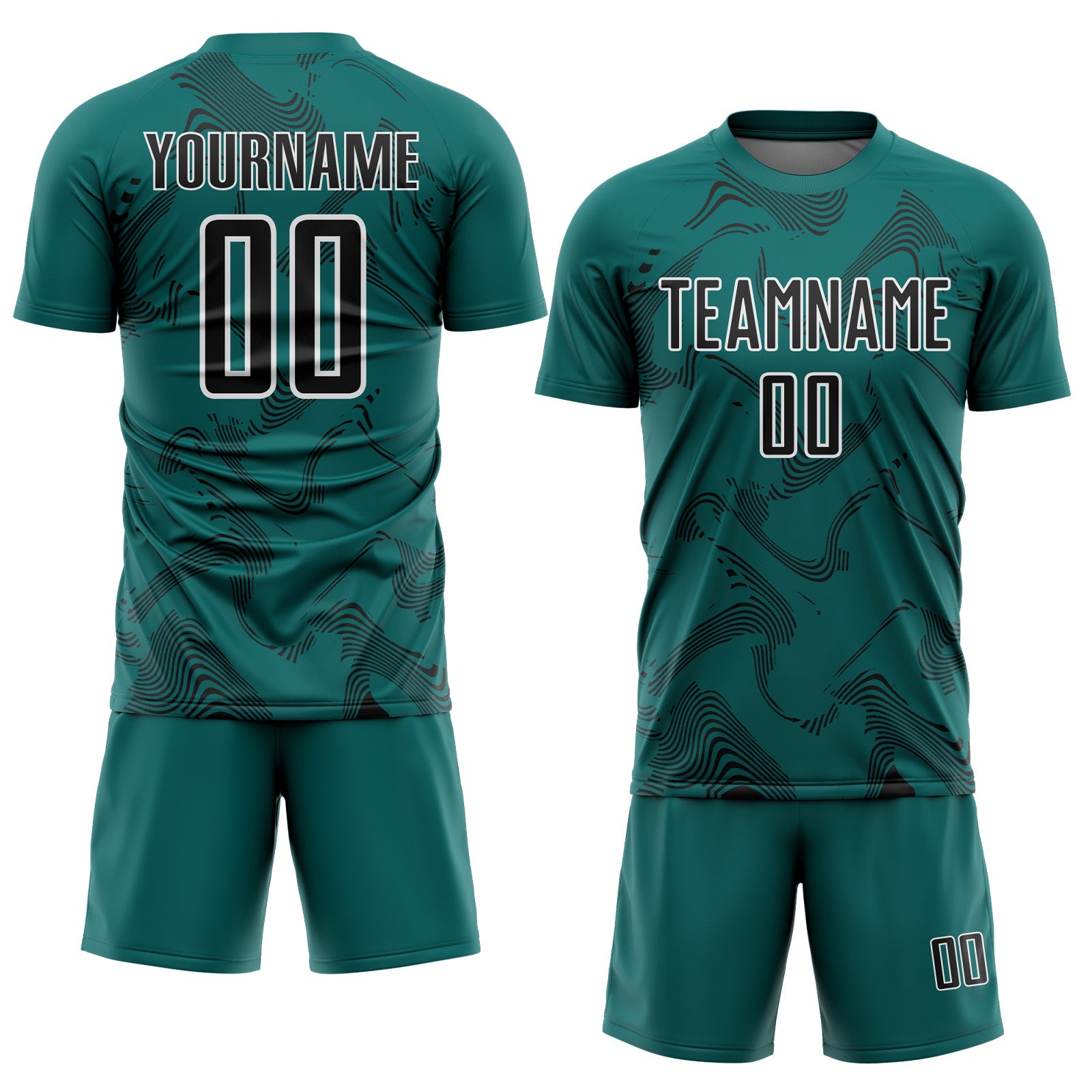 Custom Teal Black-White Curve Lines Sports Sublimation Soccer Uniform Jersey view 2