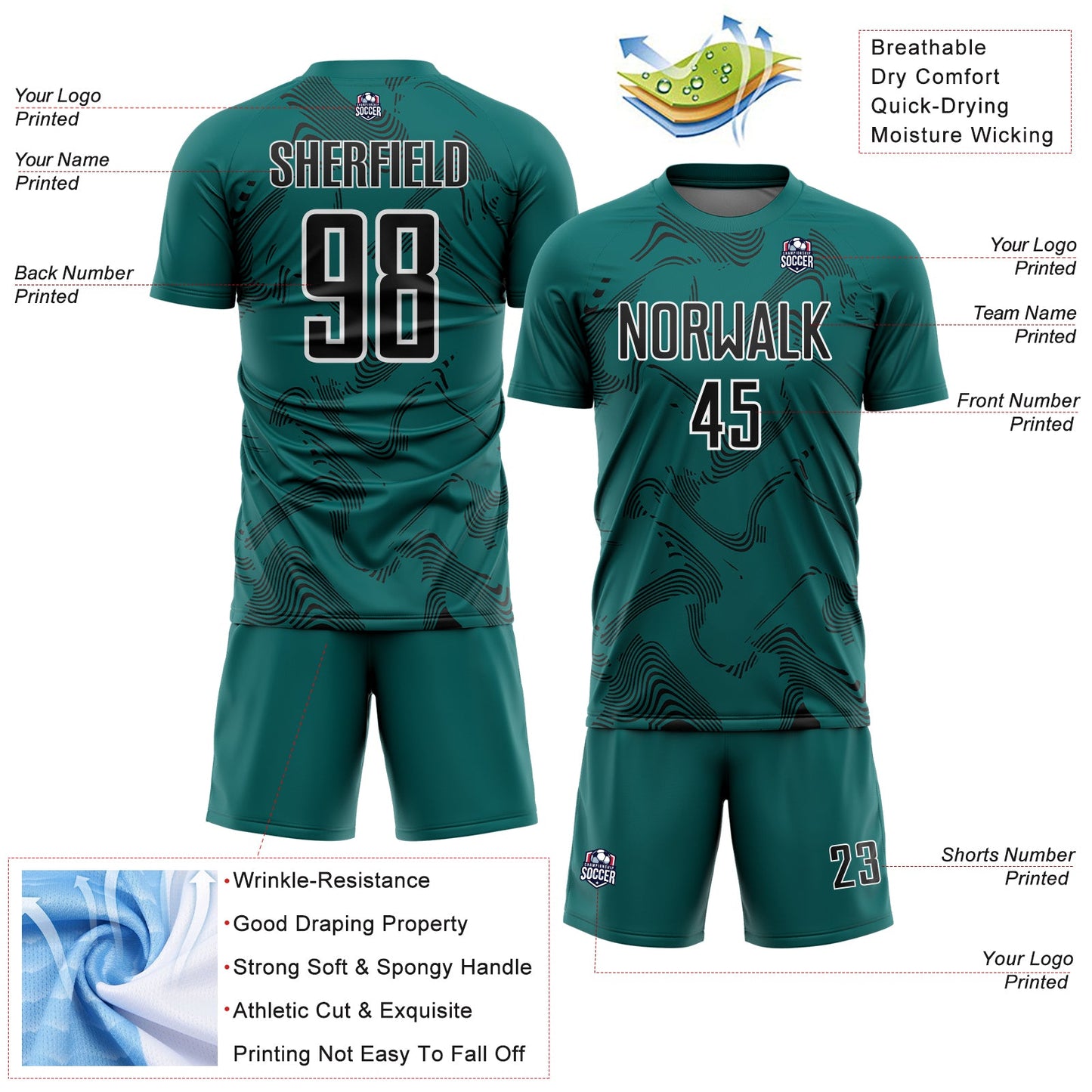 Custom Teal Black-White Curve Lines Sports Sublimation Soccer Uniform Jersey view 4