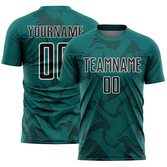 Custom Teal Black-White Curve Lines Sports Sublimation Soccer Uniform Jersey - Main View