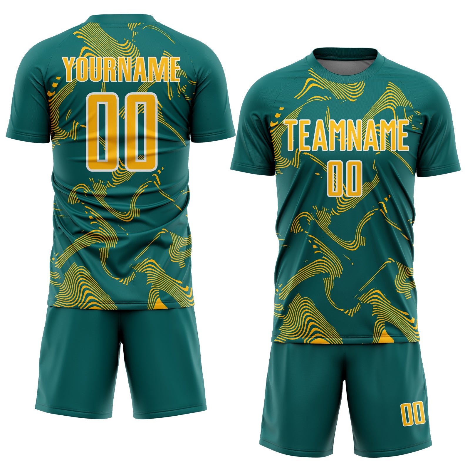Custom Teal Gold-White Curve Lines Sports Sublimation Soccer Uniform Jersey view 2