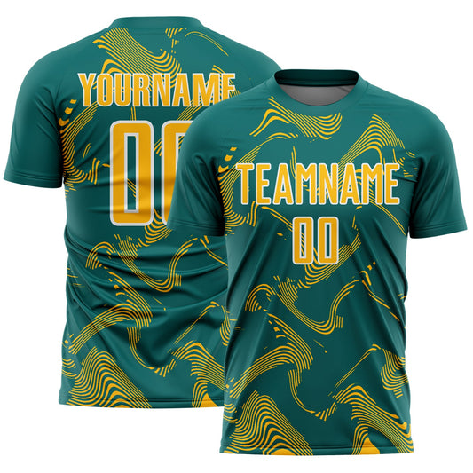 Custom Teal Gold-White Curve Lines Sports Sublimation Soccer Uniform Jersey - Main View