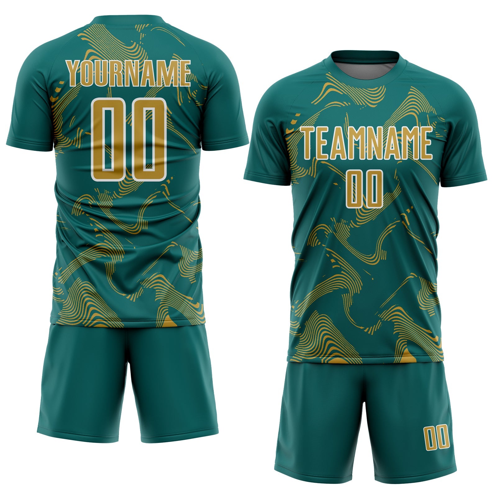 Custom Teal Old Gold-White Curve Lines Sports Sublimation Soccer Uniform Jersey view 2