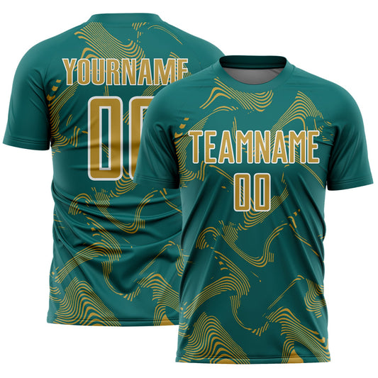 Custom Teal Old Gold-White Curve Lines Sports Sublimation Soccer Uniform Jersey - Main View