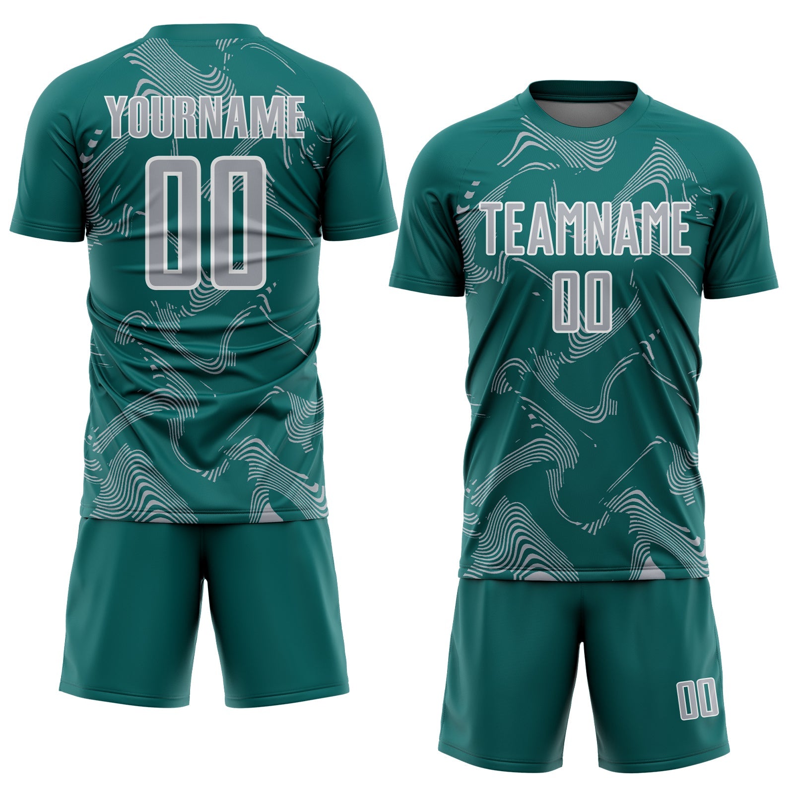 Custom Teal Gray-White Curve Lines Sports Sublimation Soccer Uniform Jersey view 2