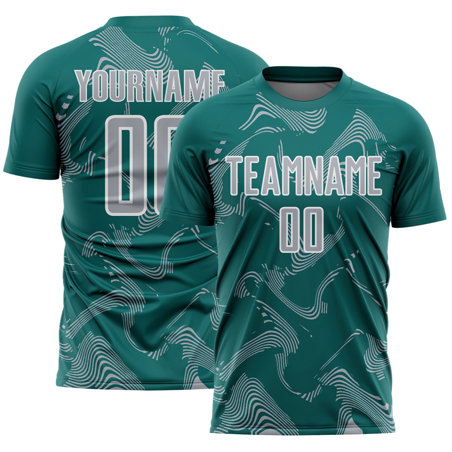 Custom Teal Gray-White Curve Lines Sports Sublimation Soccer Uniform Jersey - Main View