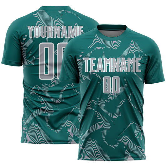 Custom Teal Gray-White Curve Lines Sports Sublimation Soccer Uniform Jersey - Main View