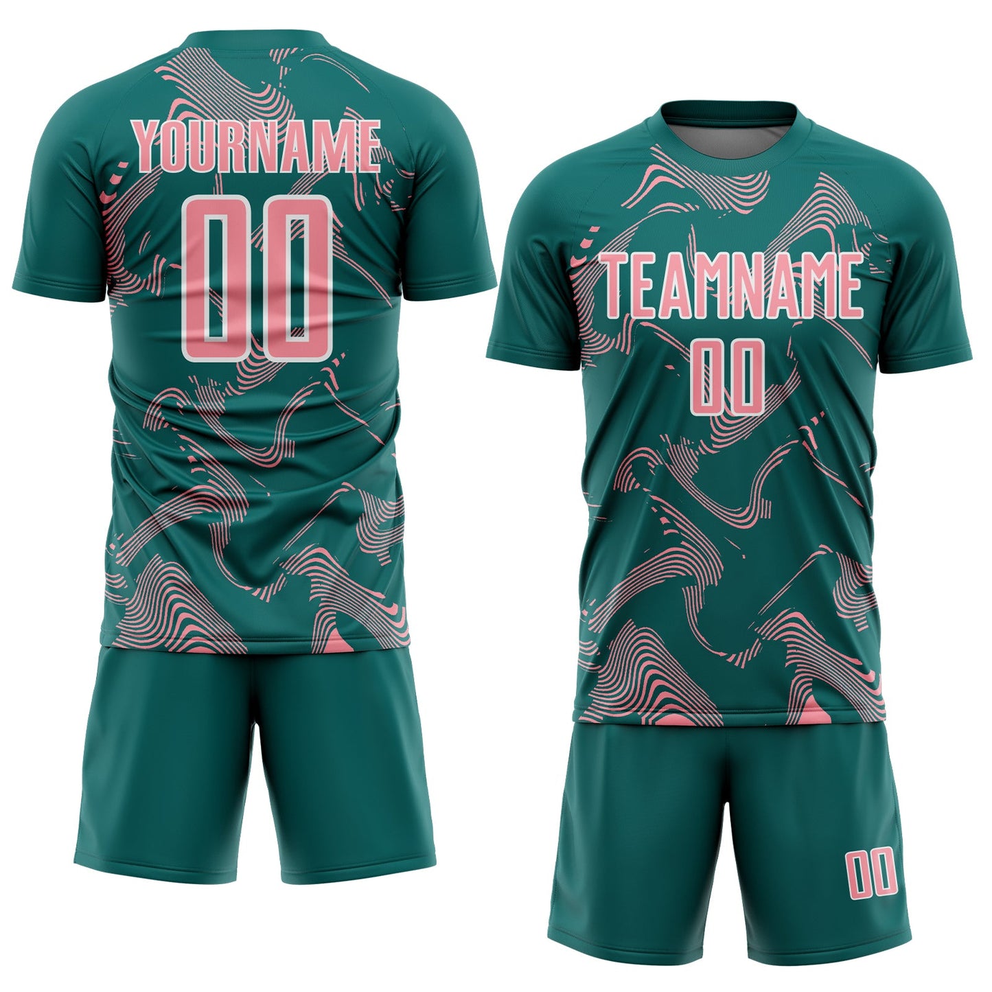 Custom Teal Medium Pink-White Curve Lines Sports Sublimation Soccer Uniform Jersey view 2