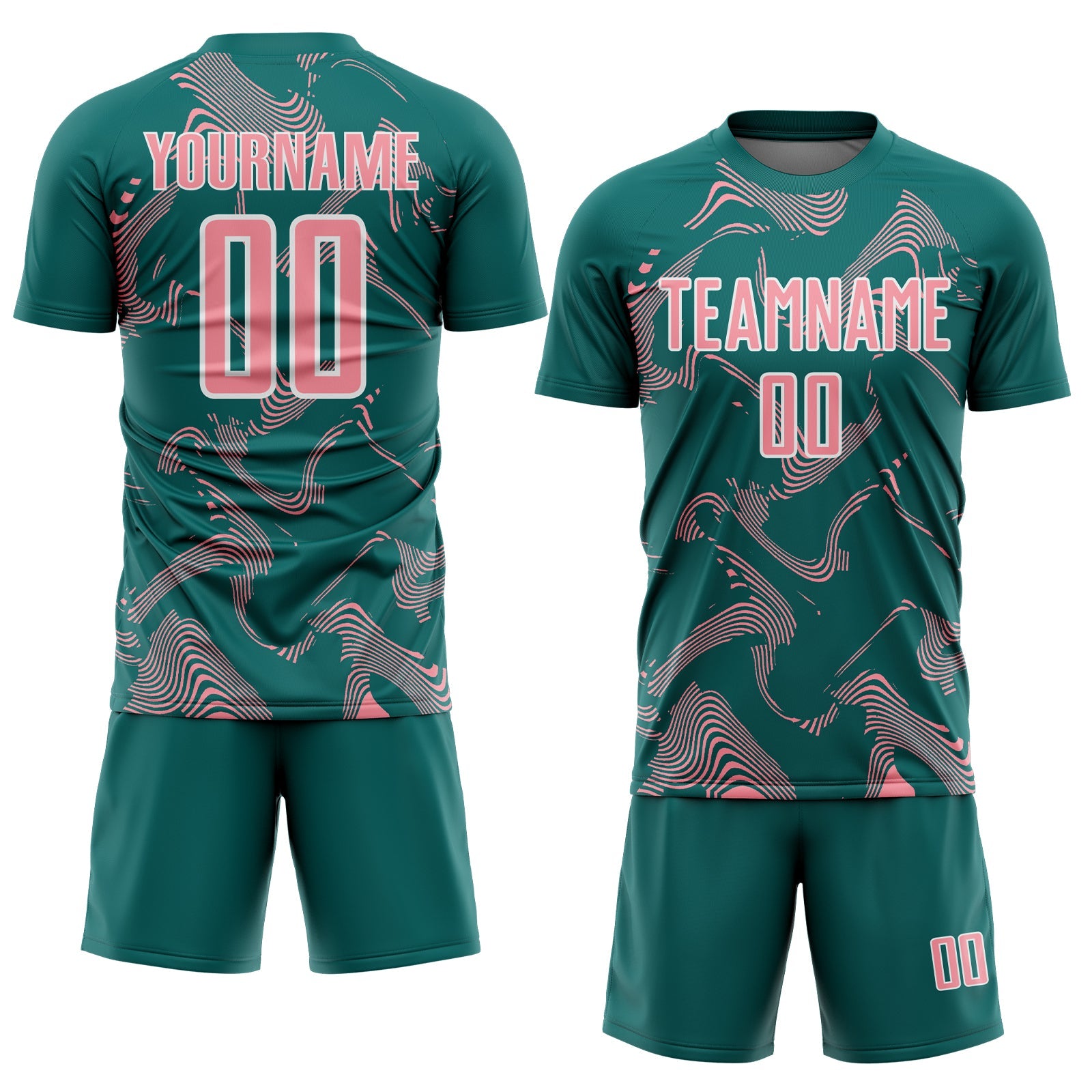 Custom Teal Medium Pink-White Curve Lines Sports Sublimation Soccer Uniform Jersey view 2