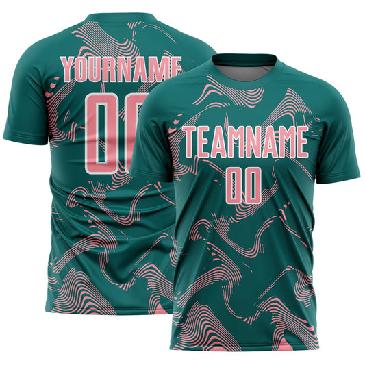 Custom Teal Medium Pink-White Curve Lines Sports Sublimation Soccer Uniform Jersey - Main View