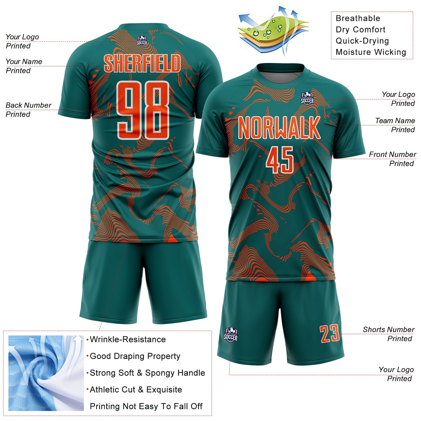 Custom Teal Orange-White Curve Lines Sports Sublimation Soccer Uniform Jersey view 4