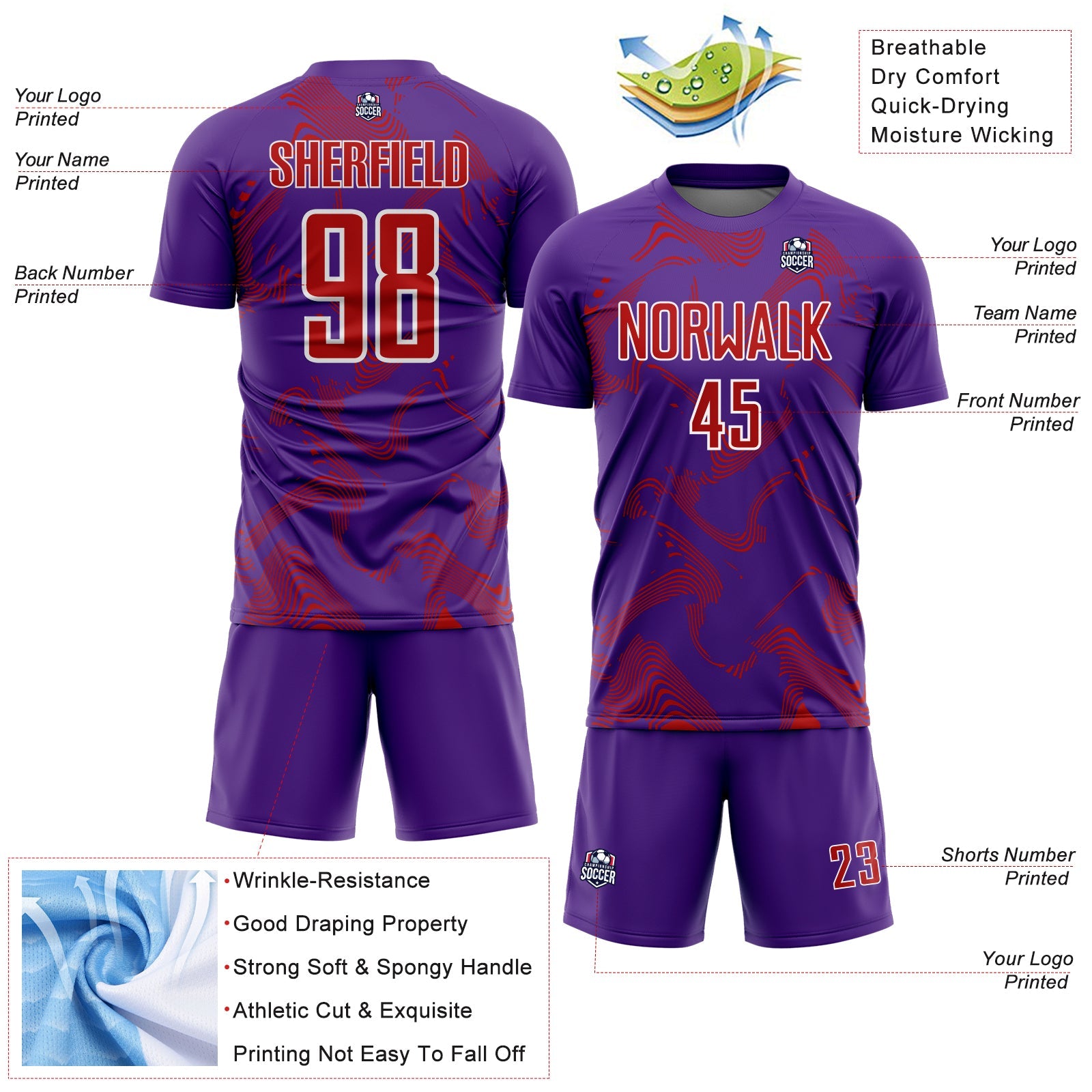 Custom Purple Red-White Curve Lines Sports Sublimation Soccer Uniform Jersey view 4