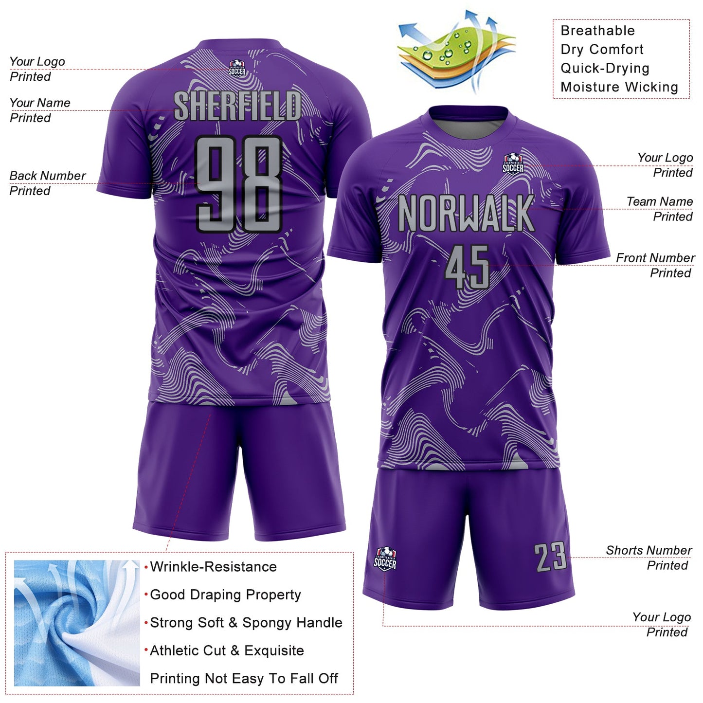 Custom Purple Gray-Black Curve Lines Sports Sublimation Soccer Uniform Jersey view 4