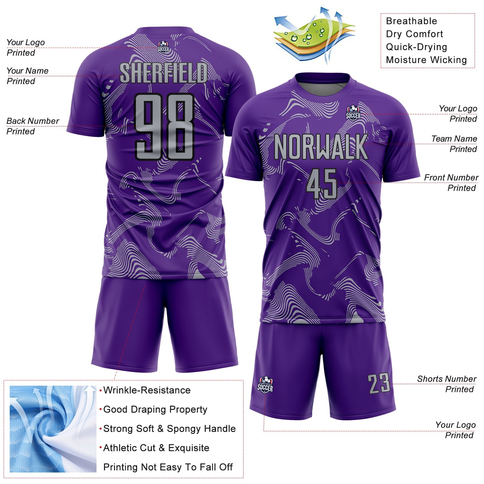 Custom Purple Gray-Black Curve Lines Sports Sublimation Soccer Uniform Jersey view 4