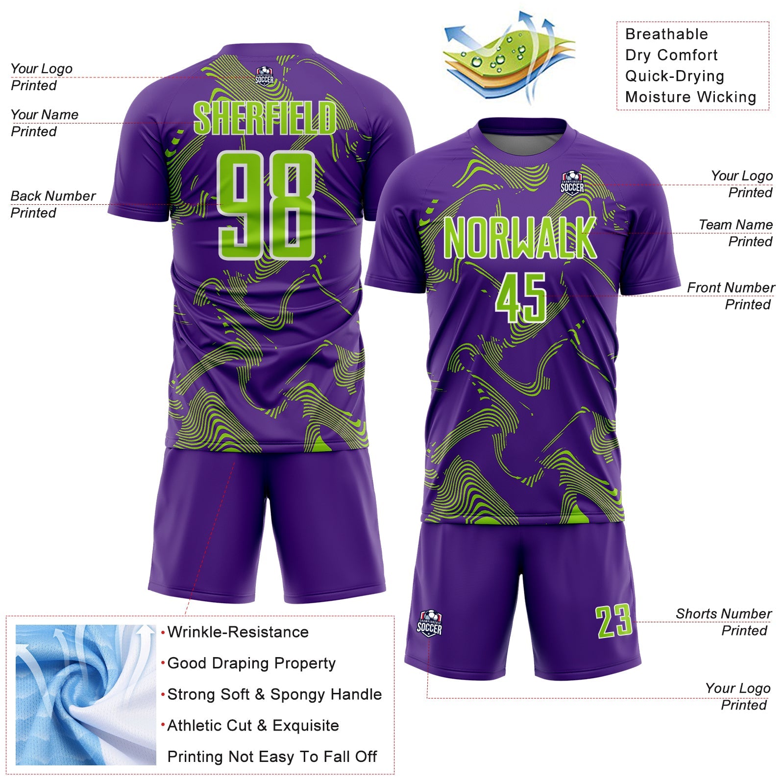 Custom Purple Neon Green-White Curve Lines Sports Sublimation Soccer Uniform Jersey view 4