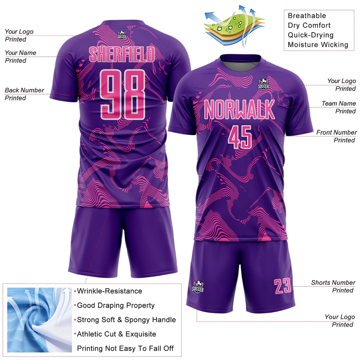 Custom Purple Pink-White Curve Lines Sports Sublimation Soccer Uniform Jersey view 4