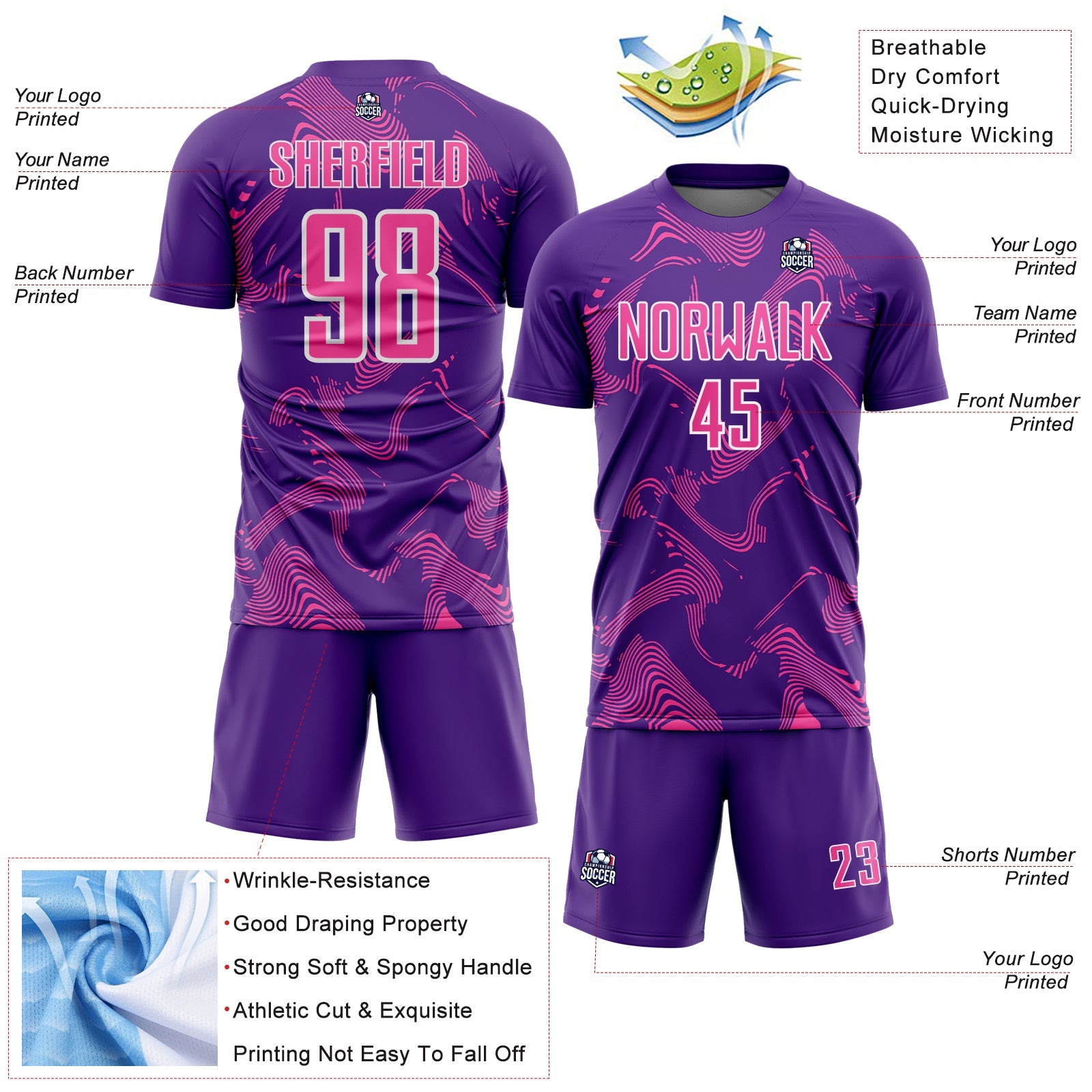 Custom Purple Pink-White Curve Lines Sports Sublimation Soccer Uniform Jersey view 4