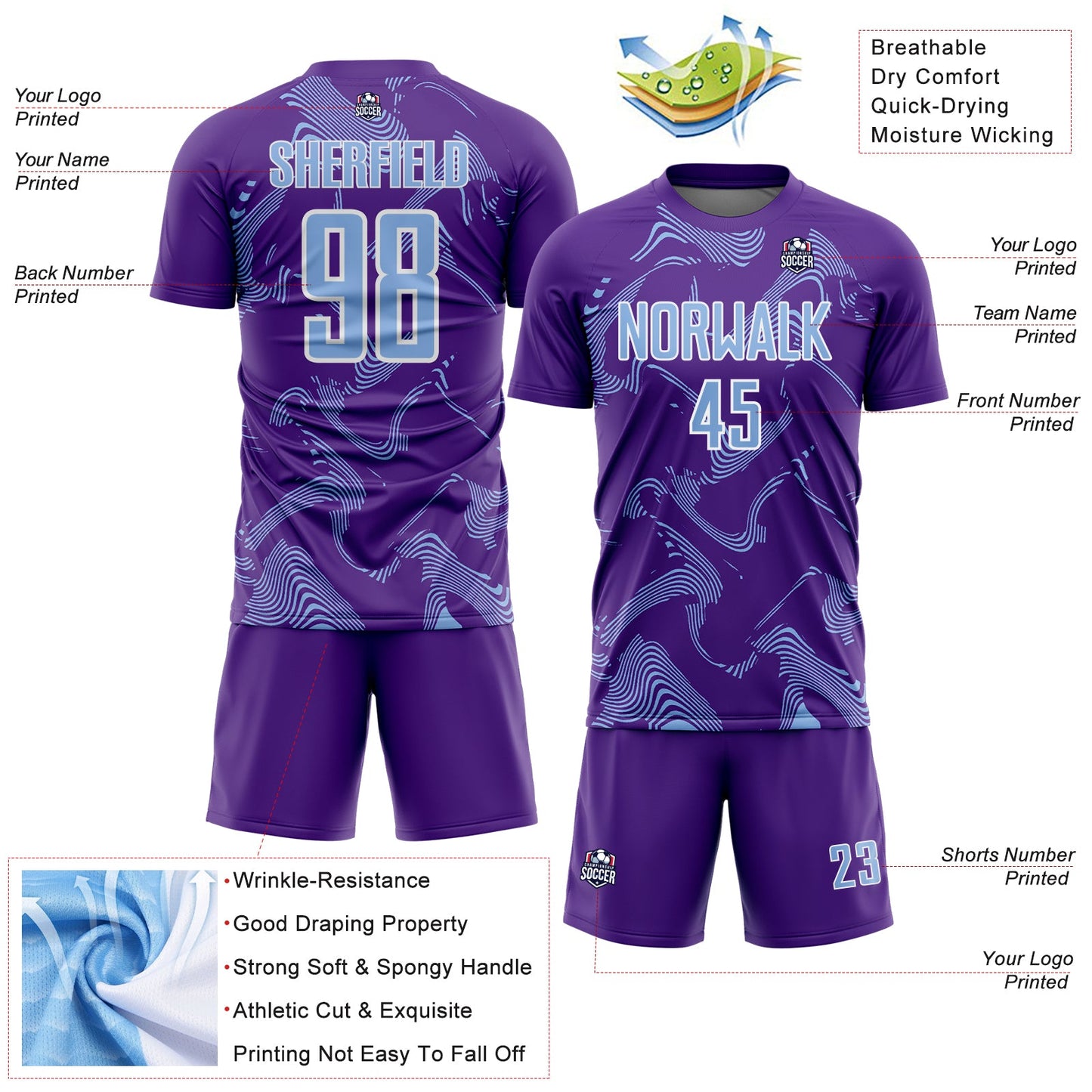 Custom Purple Light Blue-White Curve Lines Sports Sublimation Soccer Uniform Jersey view 4