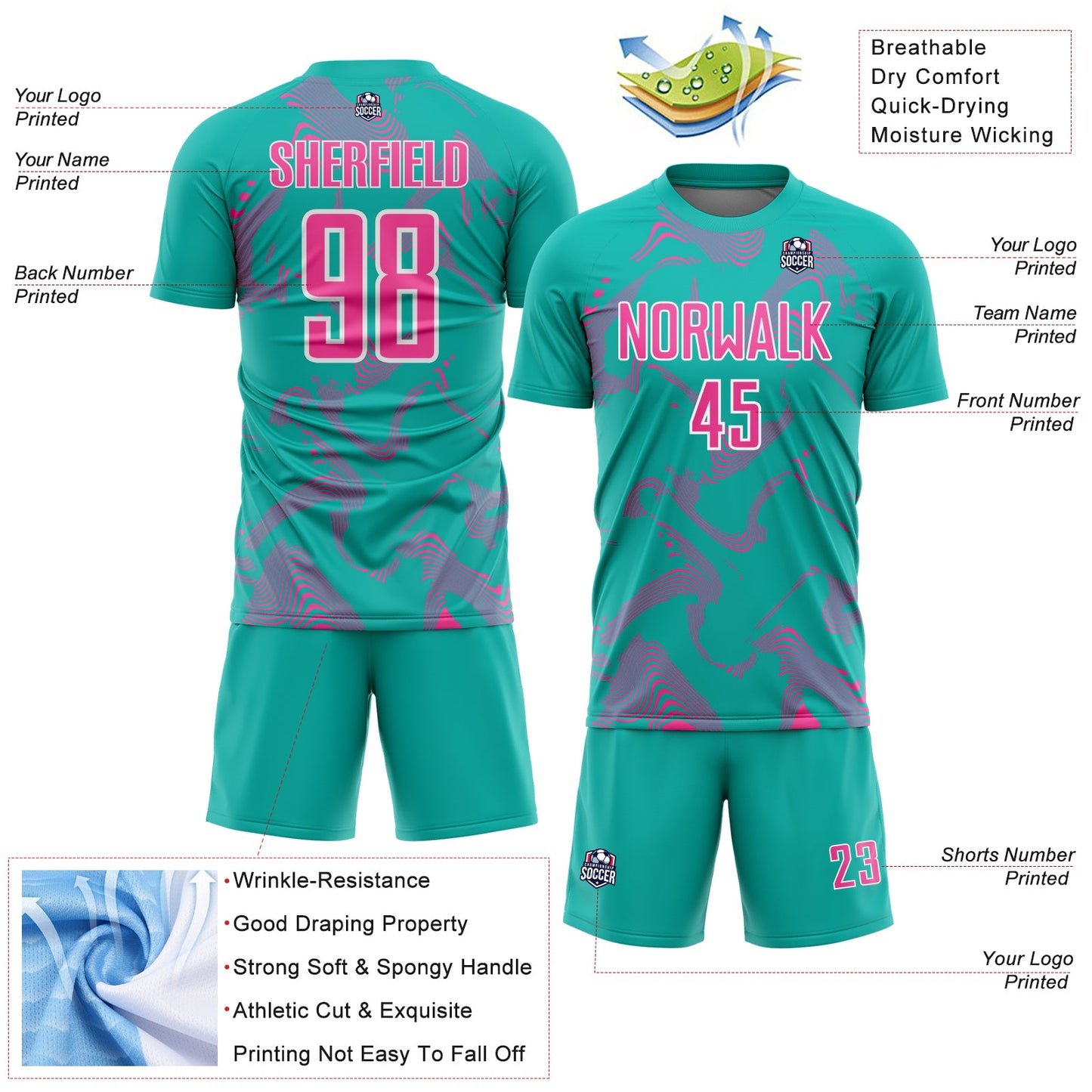 Custom Aqua Pink-White Curve Lines Sports Sublimation Soccer Uniform Jersey view 4