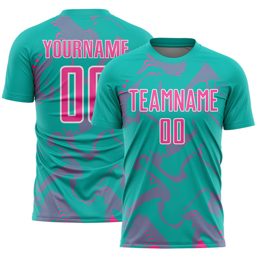 Custom Aqua Pink-White Curve Lines Sports Sublimation Soccer Uniform Jersey - Main View