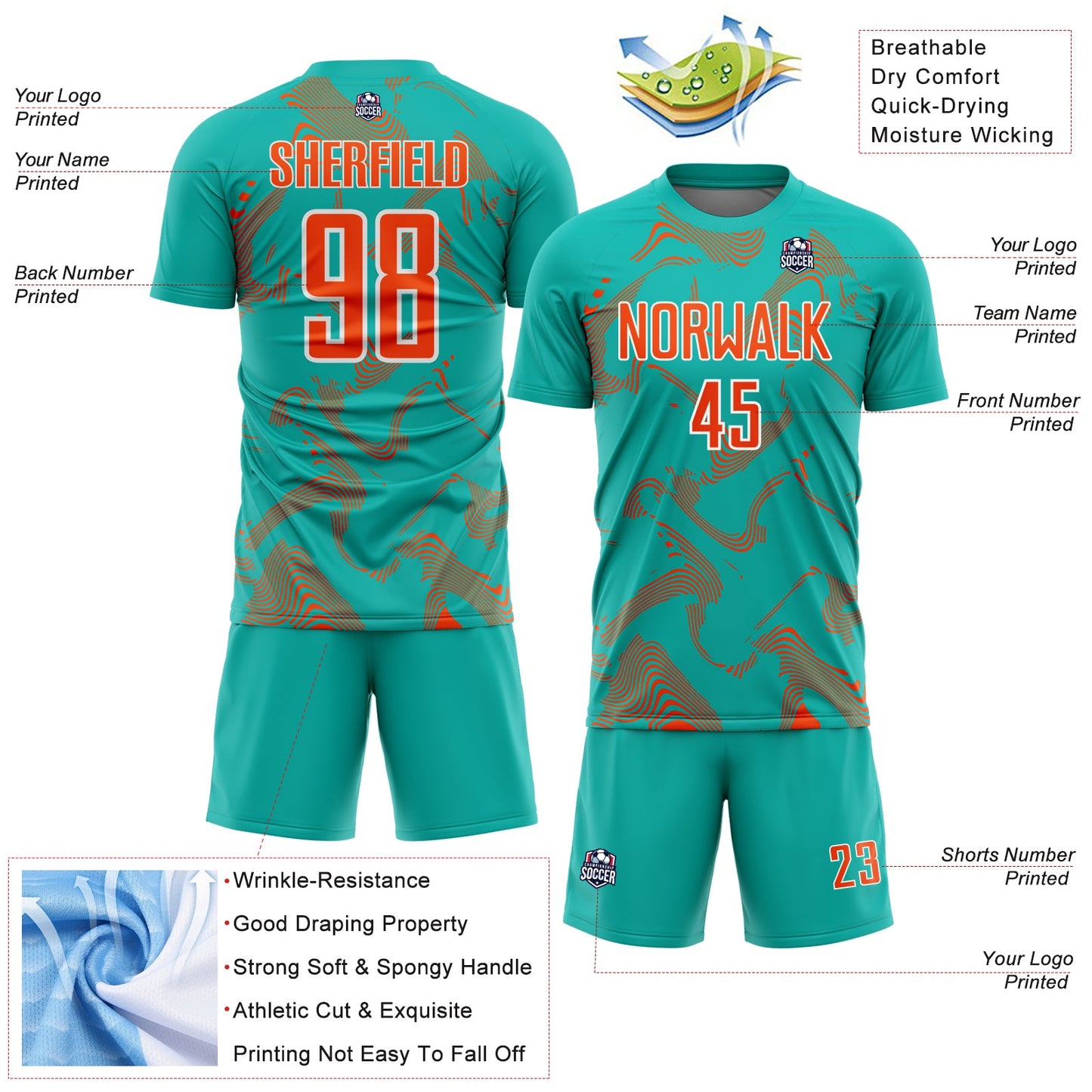 Custom Aqua Orange-White Curve Lines Sports Sublimation Soccer Uniform Jersey view 4