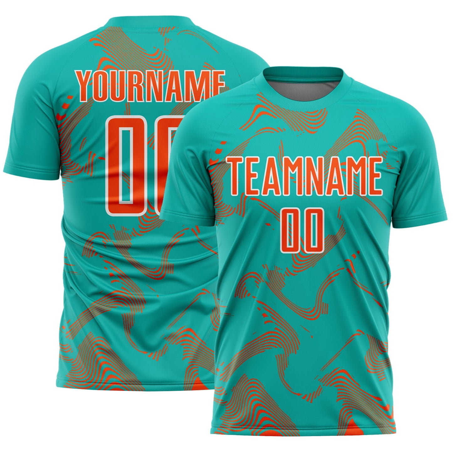 Custom Aqua Orange-White Curve Lines Sports Sublimation Soccer Uniform Jersey - Main View