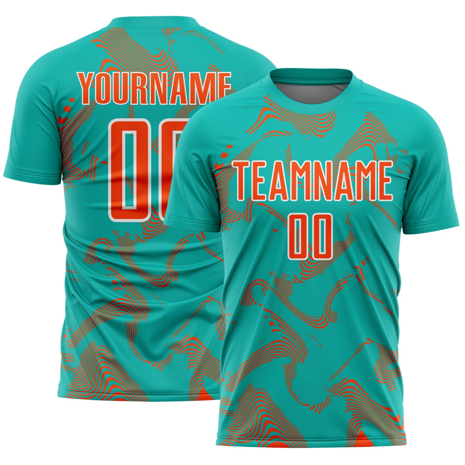 Custom Aqua Orange-White Curve Lines Sports Sublimation Soccer Uniform Jersey - Main View