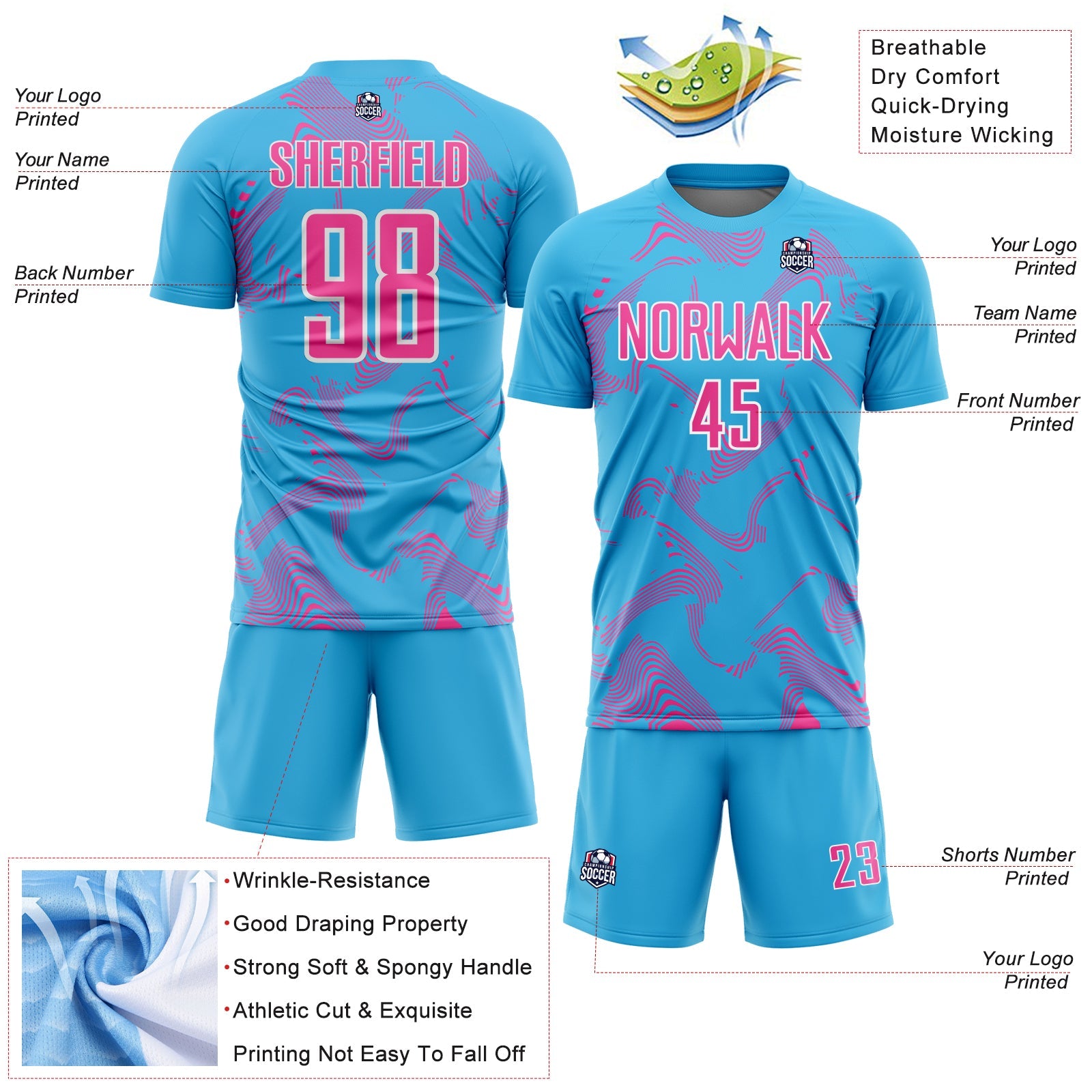 Custom Sky Blue Pink-White Curve Lines Sports Sublimation Soccer Uniform Jersey view 4