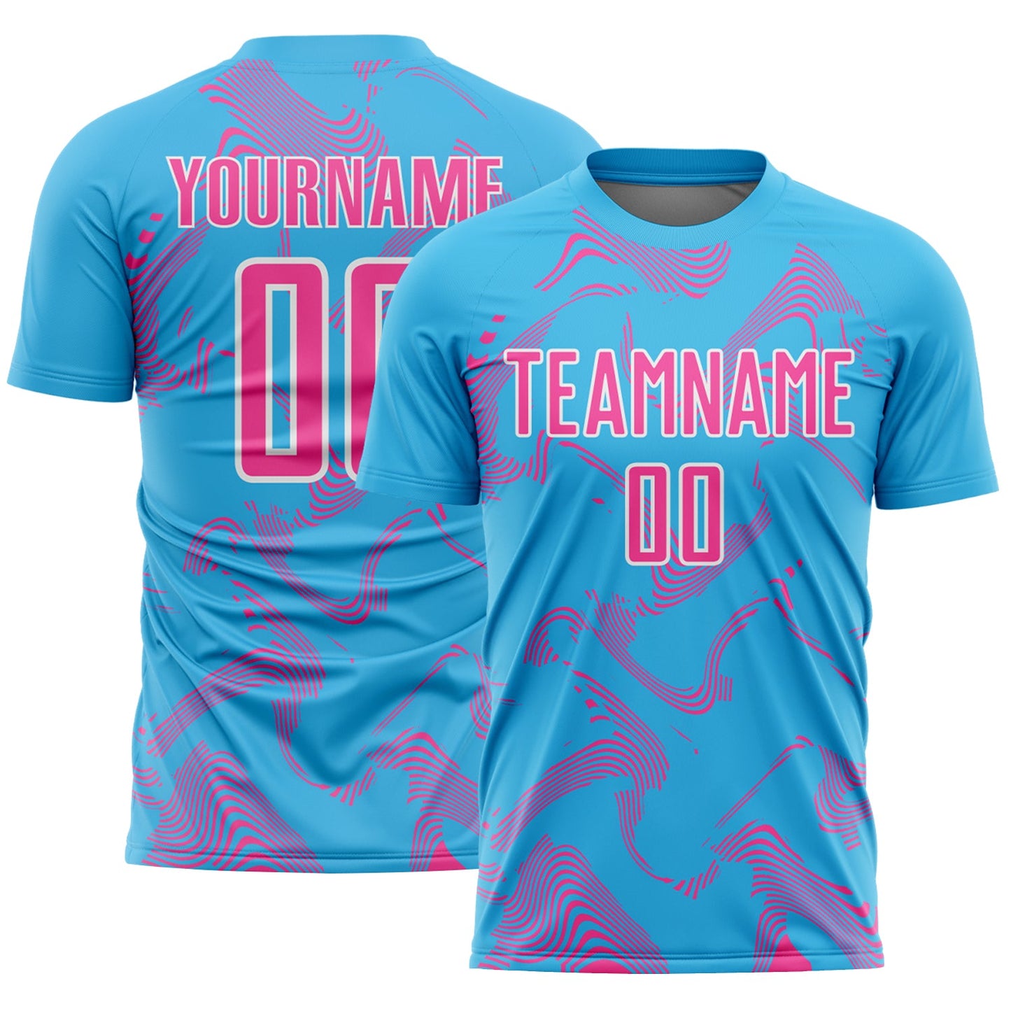 Custom Sky Blue Pink-White Curve Lines Sports Sublimation Soccer Uniform Jersey - Main View