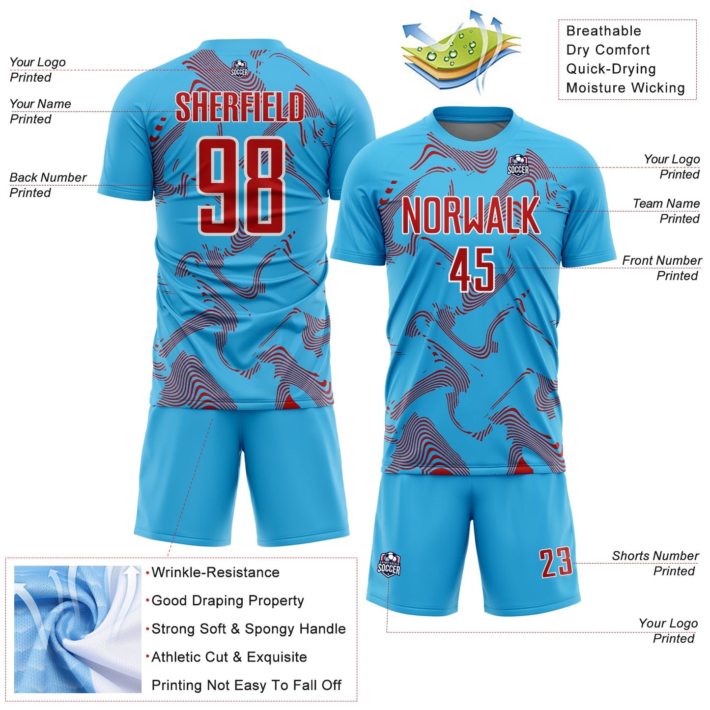 Custom Sky Blue Red-White Curve Lines Sports Sublimation Soccer Uniform Jersey view 4