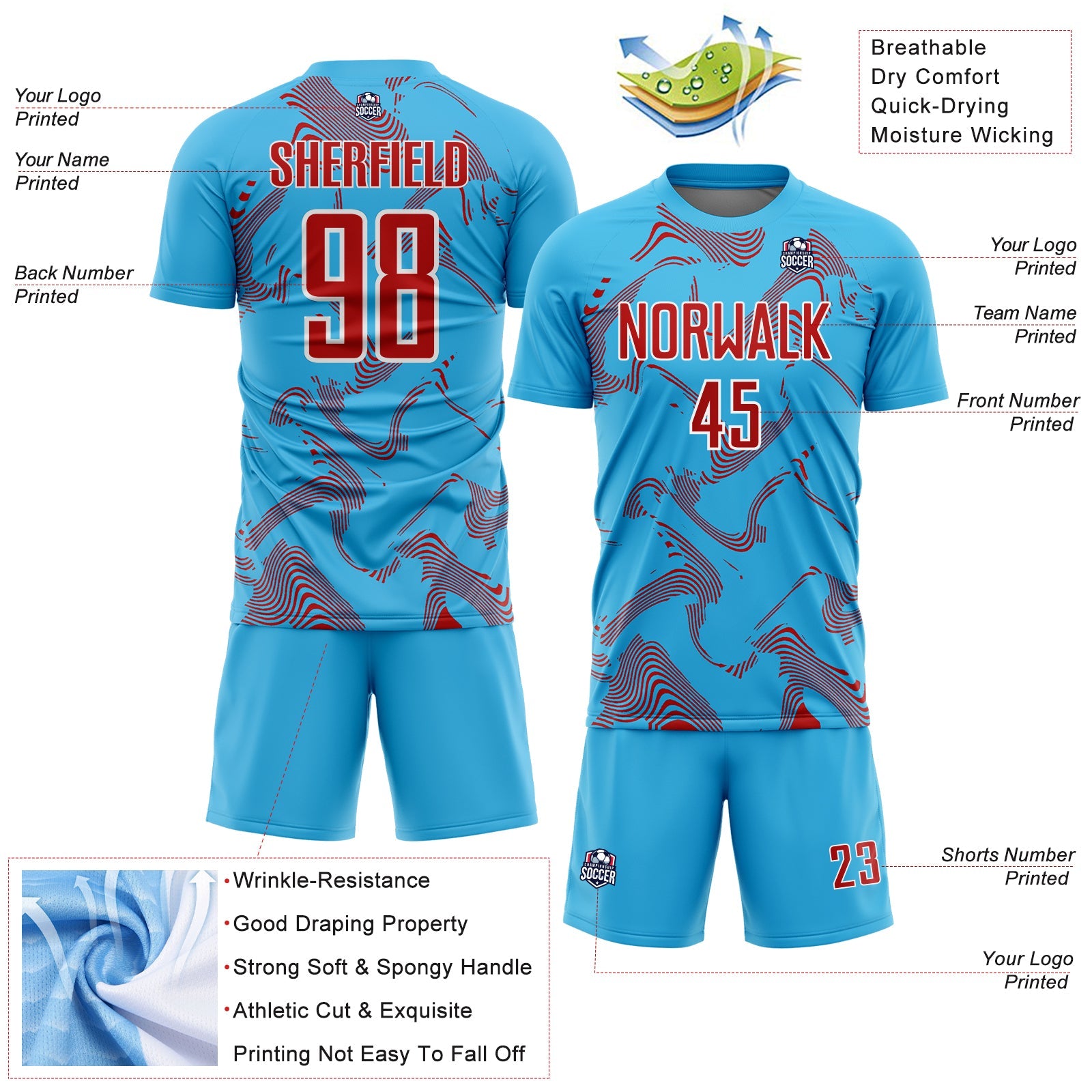 Custom Sky Blue Red-White Curve Lines Sports Sublimation Soccer Uniform Jersey view 4
