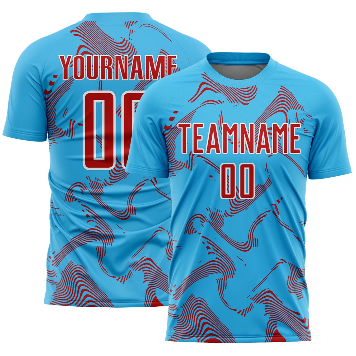 Custom Sky Blue Red-White Curve Lines Sports Sublimation Soccer Uniform Jersey - Main View