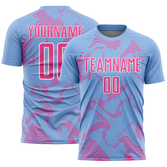 Custom Light Blue Red-White Curve Lines Sports Sublimation Soccer Uniform Jersey - Main View