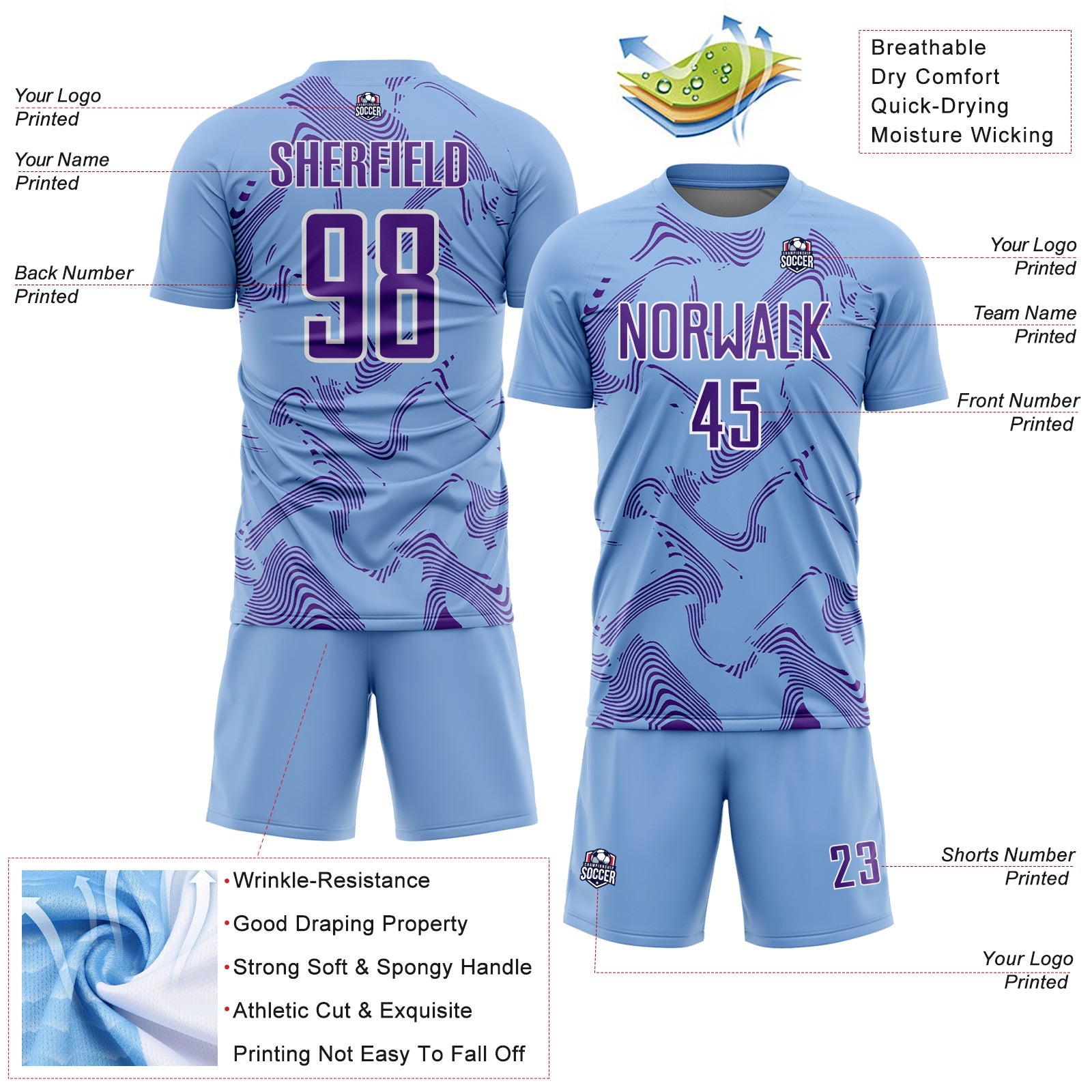 Custom Light Blue Purple-White Curve Lines Sports Sublimation Soccer Uniform Jersey view 4