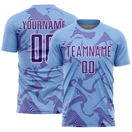 Custom Light Blue Purple-White Curve Lines Sports Sublimation Soccer Uniform Jersey - Main View