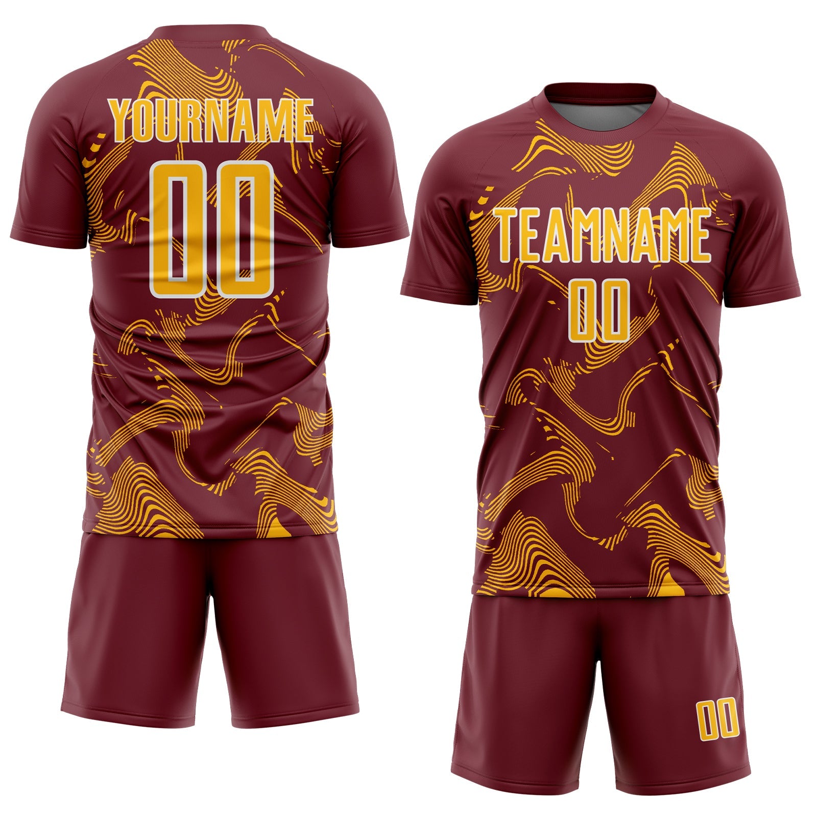Custom Burgundy Gold-White Curve Lines Sports Sublimation Soccer Uniform Jersey view 2
