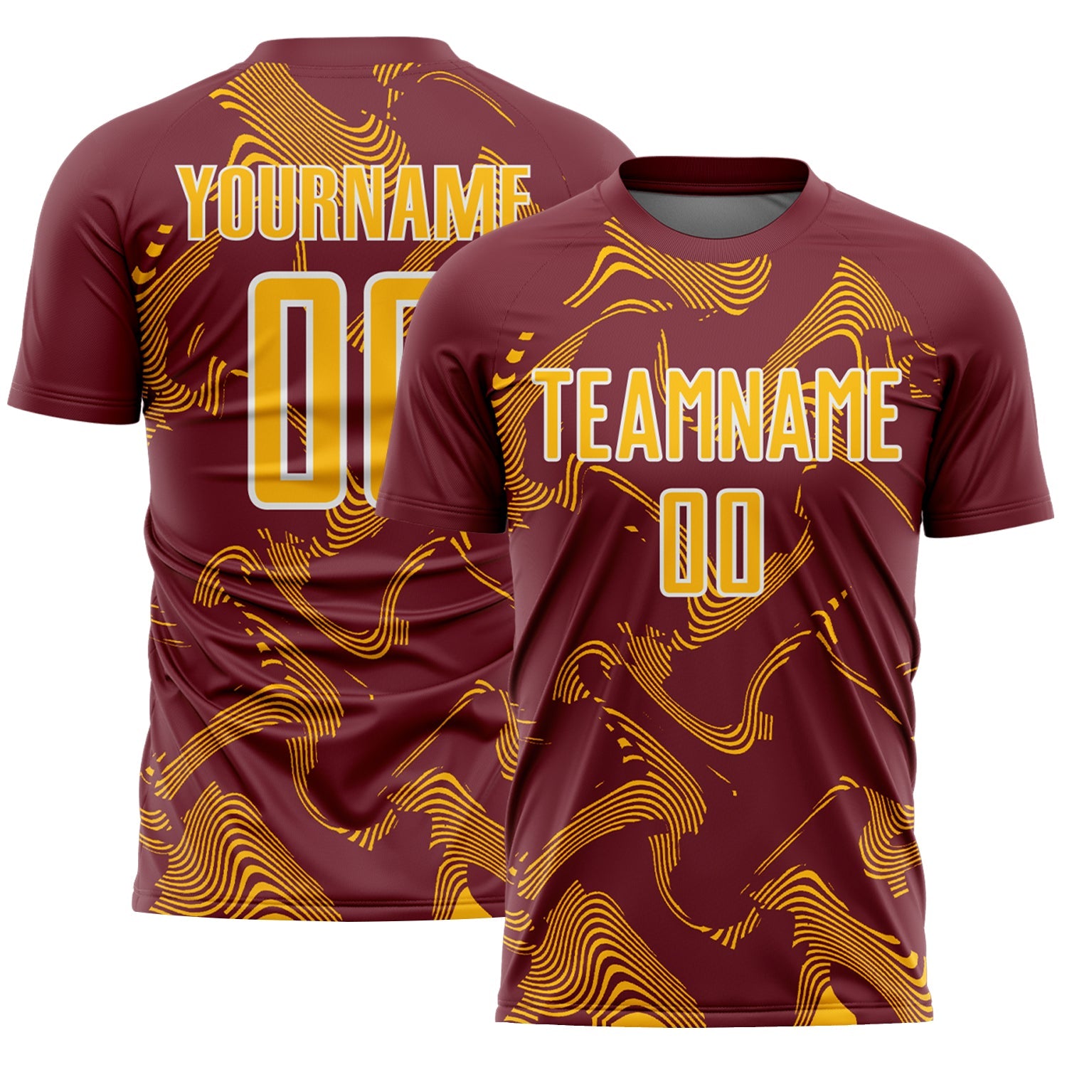 Custom Burgundy Gold-White Curve Lines Sports Sublimation Soccer Uniform Jersey - Main View