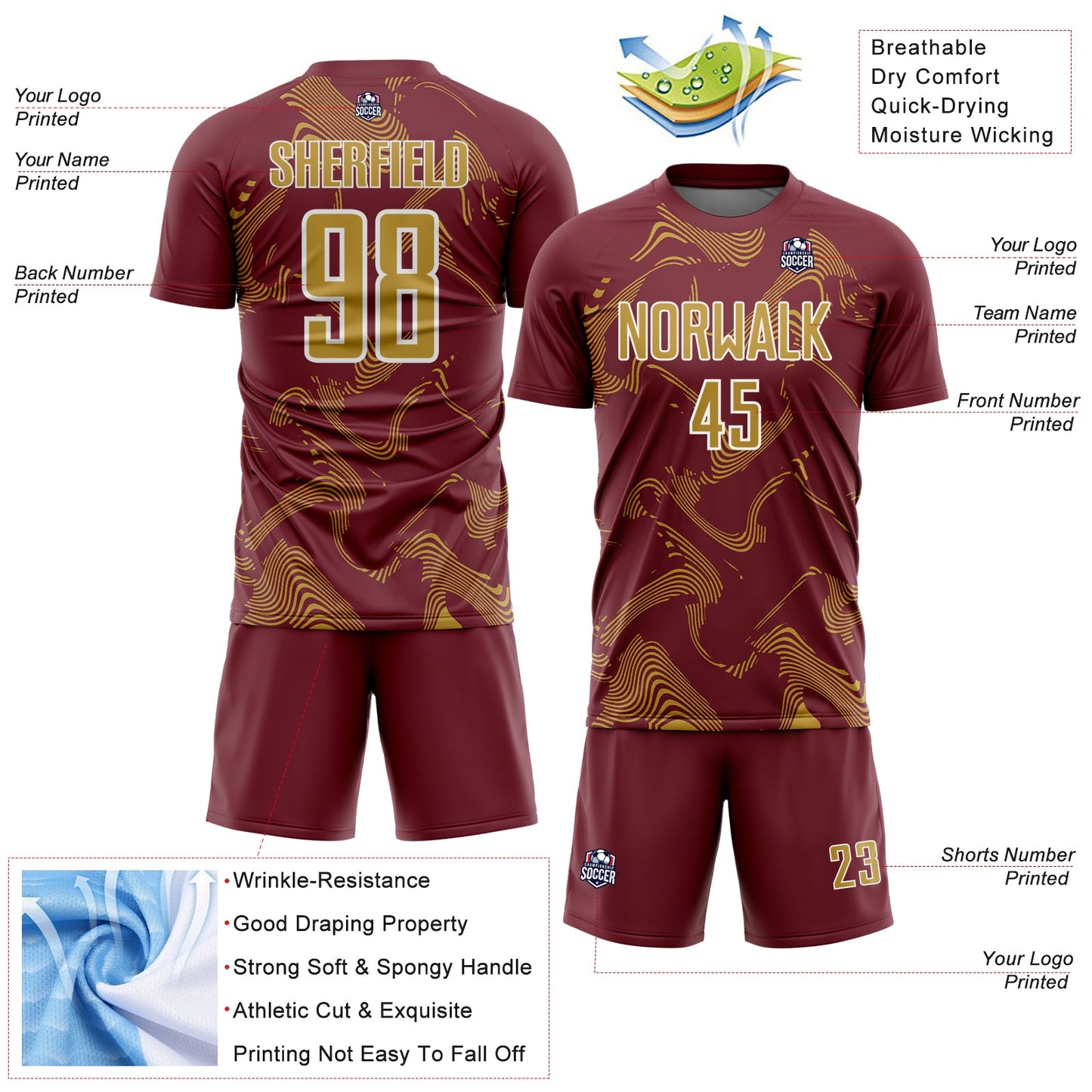 Custom Burgundy Old Gold-White Curve Lines Sports Sublimation Soccer Uniform Jersey view 4