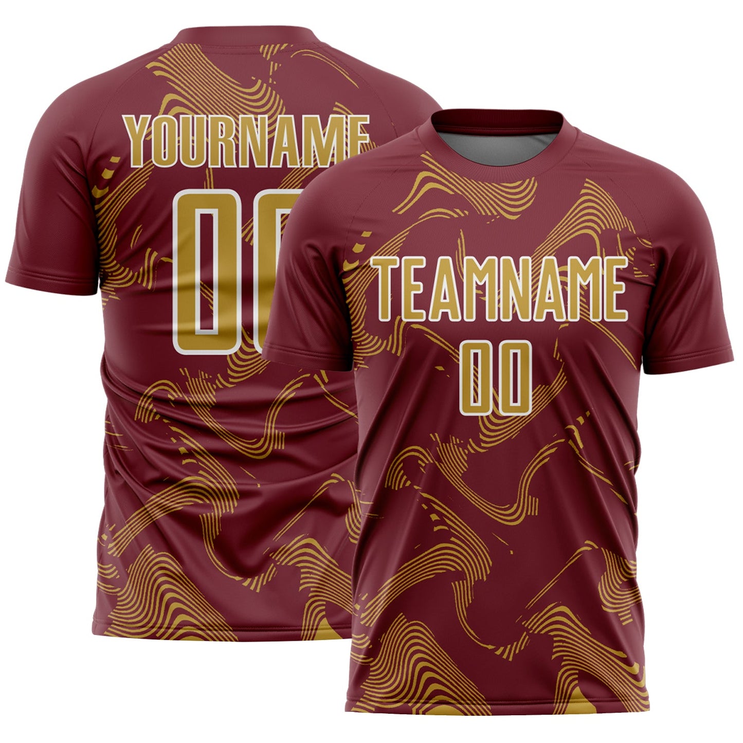 Custom Burgundy Old Gold-White Curve Lines Sports Sublimation Soccer Uniform Jersey - Main View