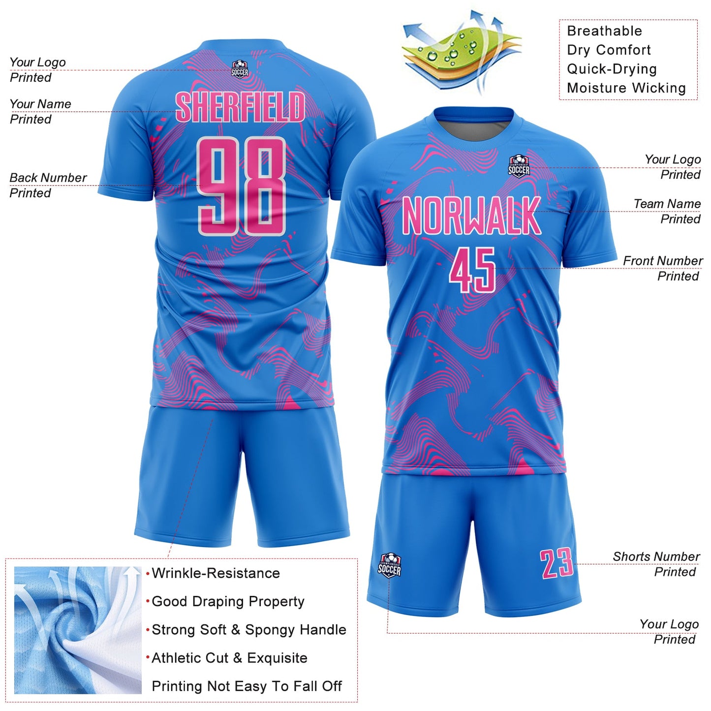 Custom Powder Blue Pink-White Curve Lines Sports Sublimation Soccer Uniform Jersey view 4