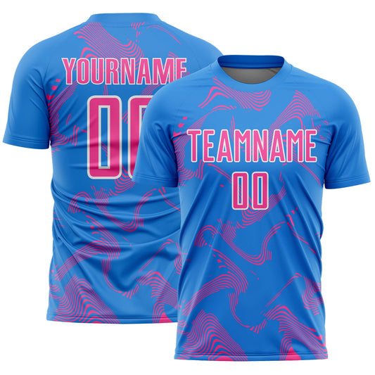 Custom Powder Blue Pink-White Curve Lines Sports Sublimation Soccer Uniform Jersey - Main View