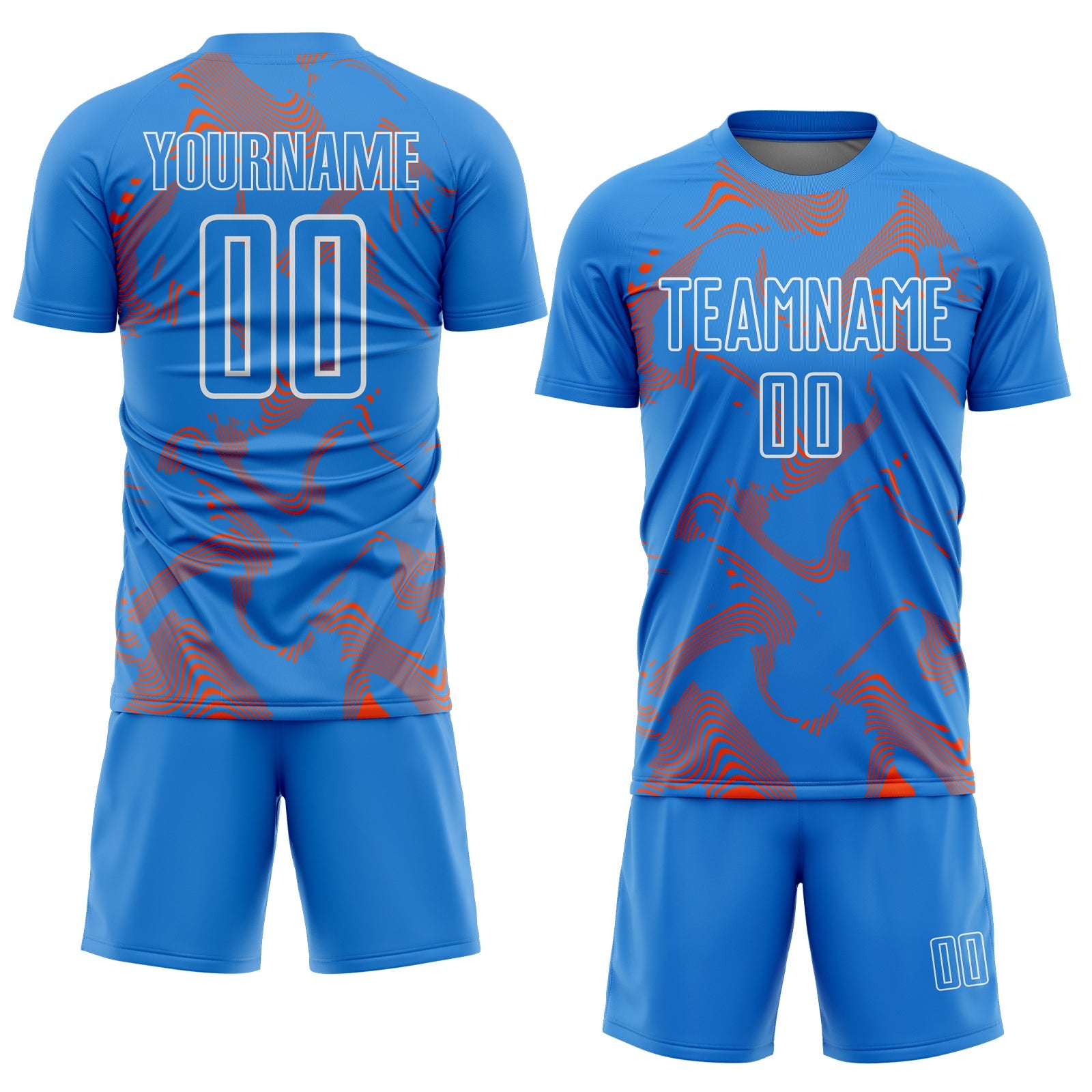 Custom Powder Blue Orange-White Curve Lines Sports Sublimation Soccer Uniform Jersey view 2
