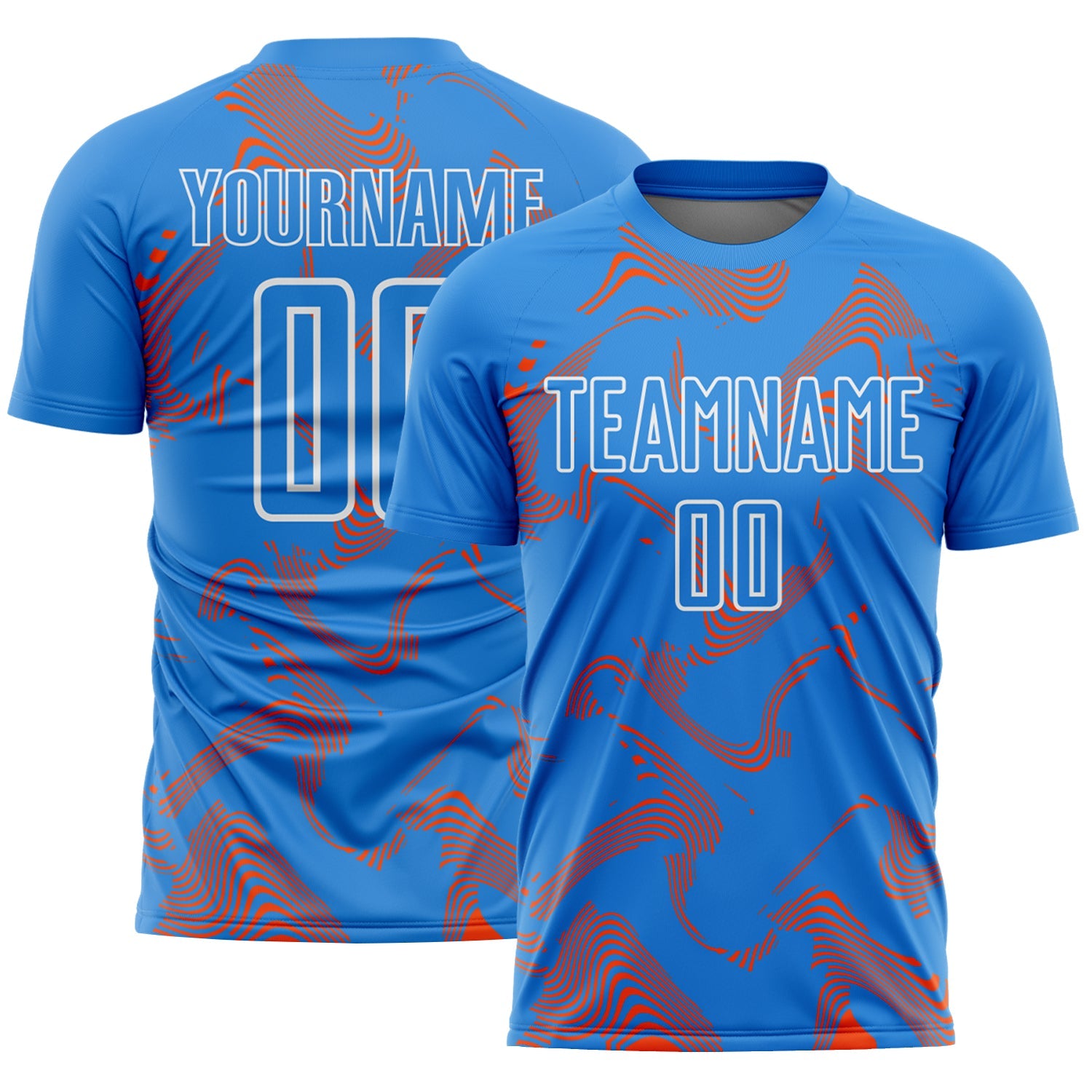 Custom Powder Blue Orange-White Curve Lines Sports Sublimation Soccer Uniform Jersey - Main View
