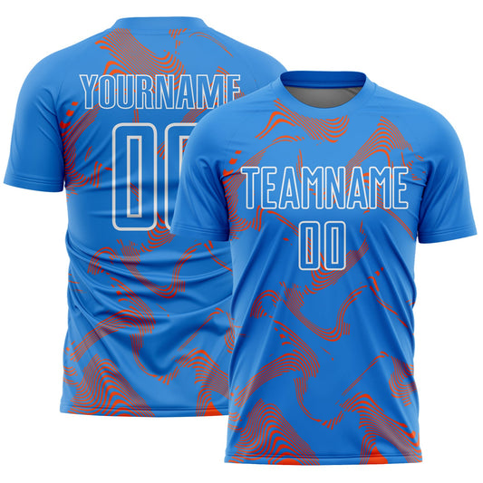 Custom Powder Blue Orange-White Curve Lines Sports Sublimation Soccer Uniform Jersey - Main View