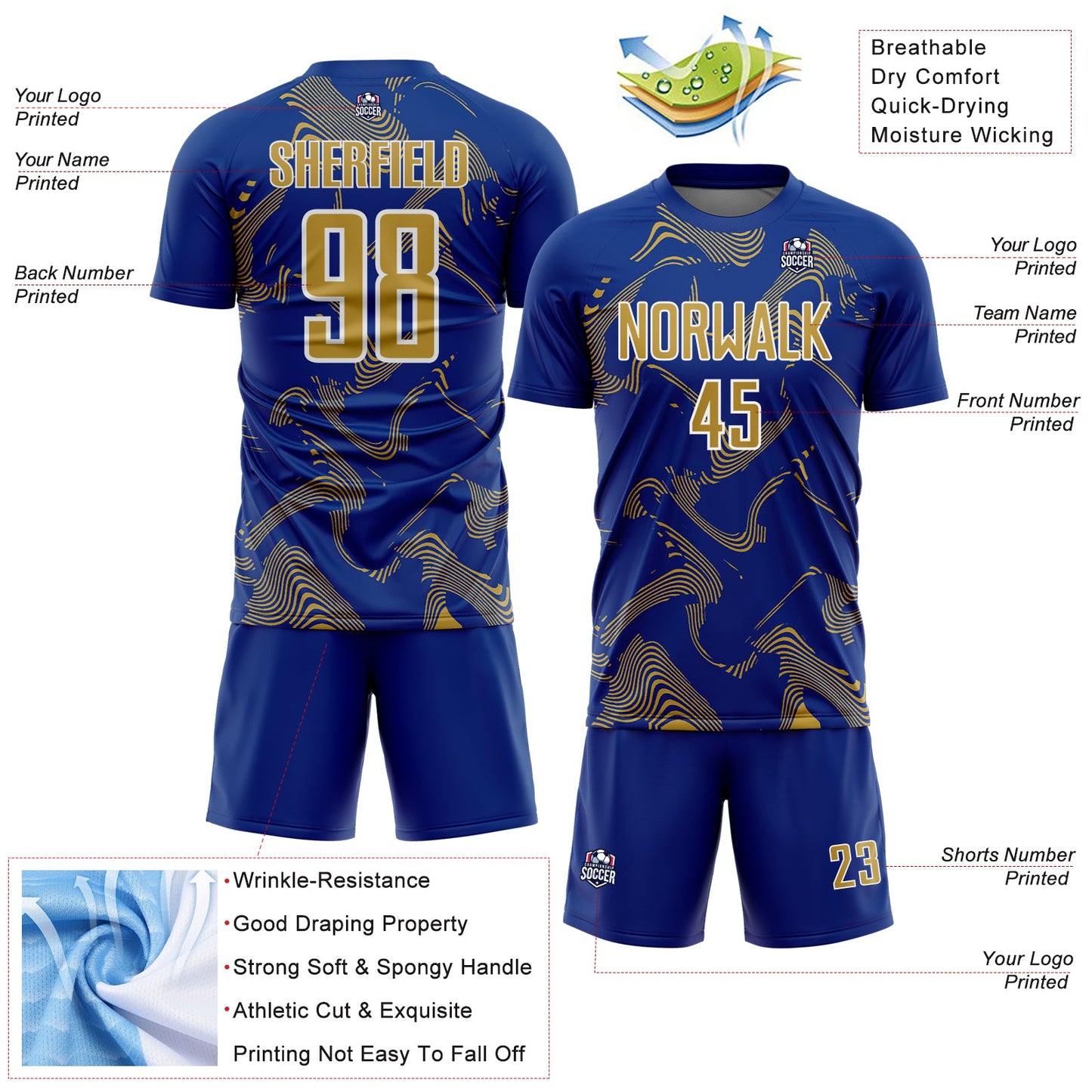 Custom Royal Old Gold-White Curve Lines Sports Sublimation Soccer Uniform Jersey view 4