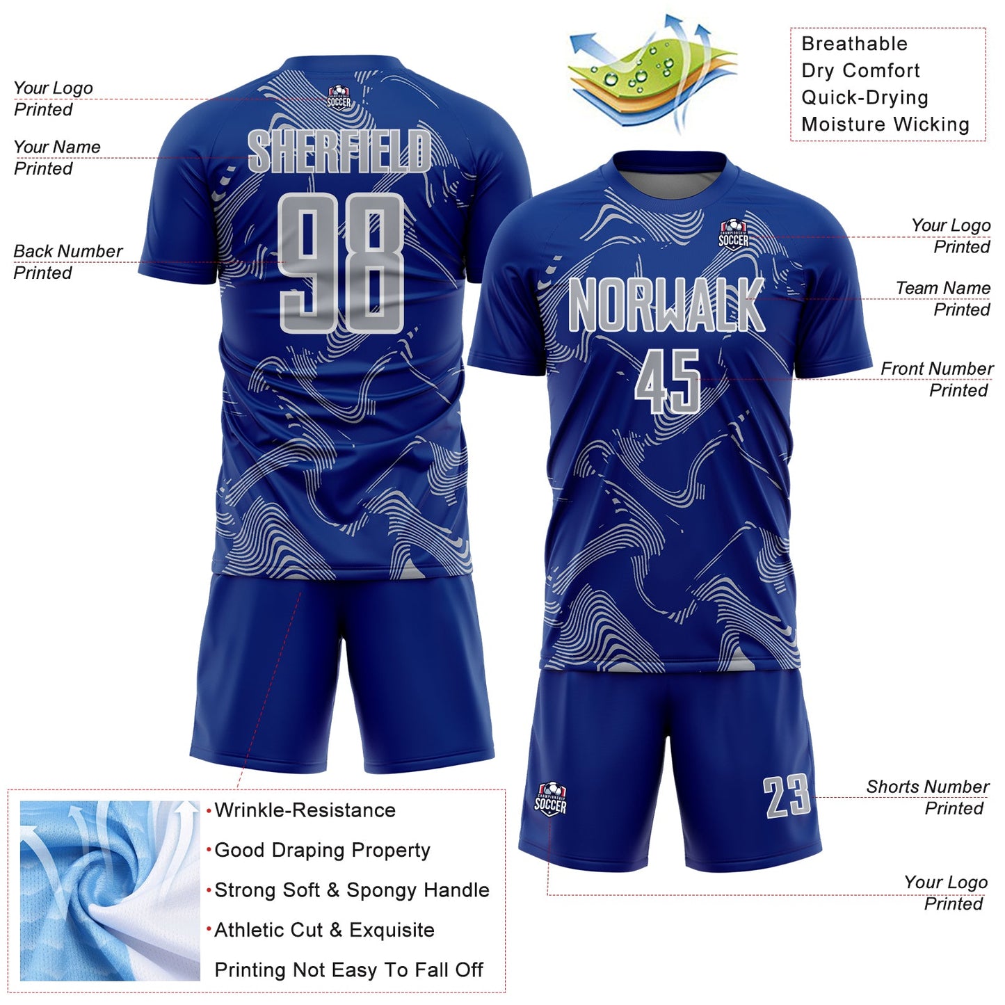 Custom Royal Gray-White Curve Lines Sports Sublimation Soccer Uniform Jersey view 4