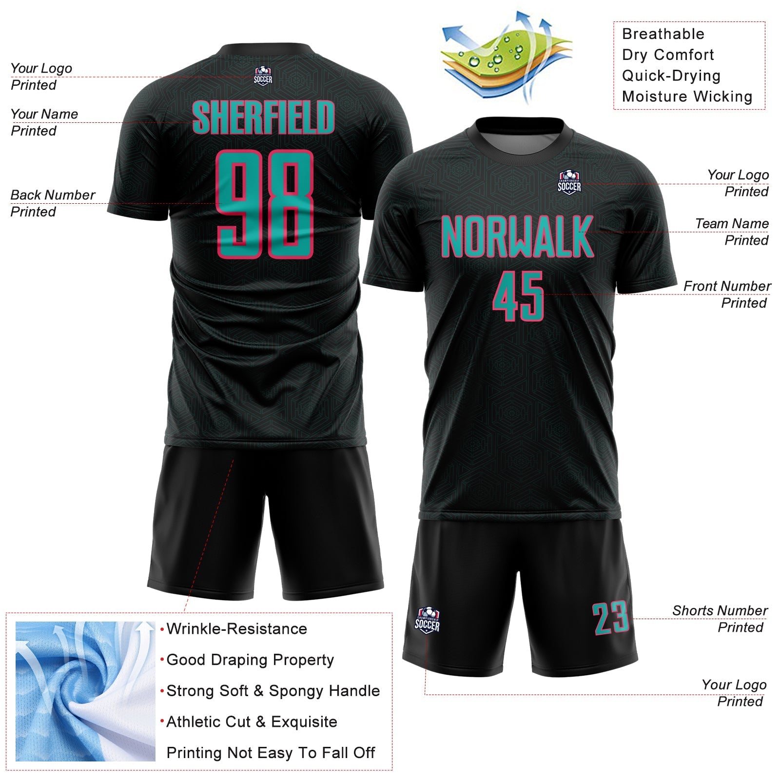 Custom Black Aqua-Neon Pink Geometric Shape Sports Sublimation Soccer Uniform Jersey view 4