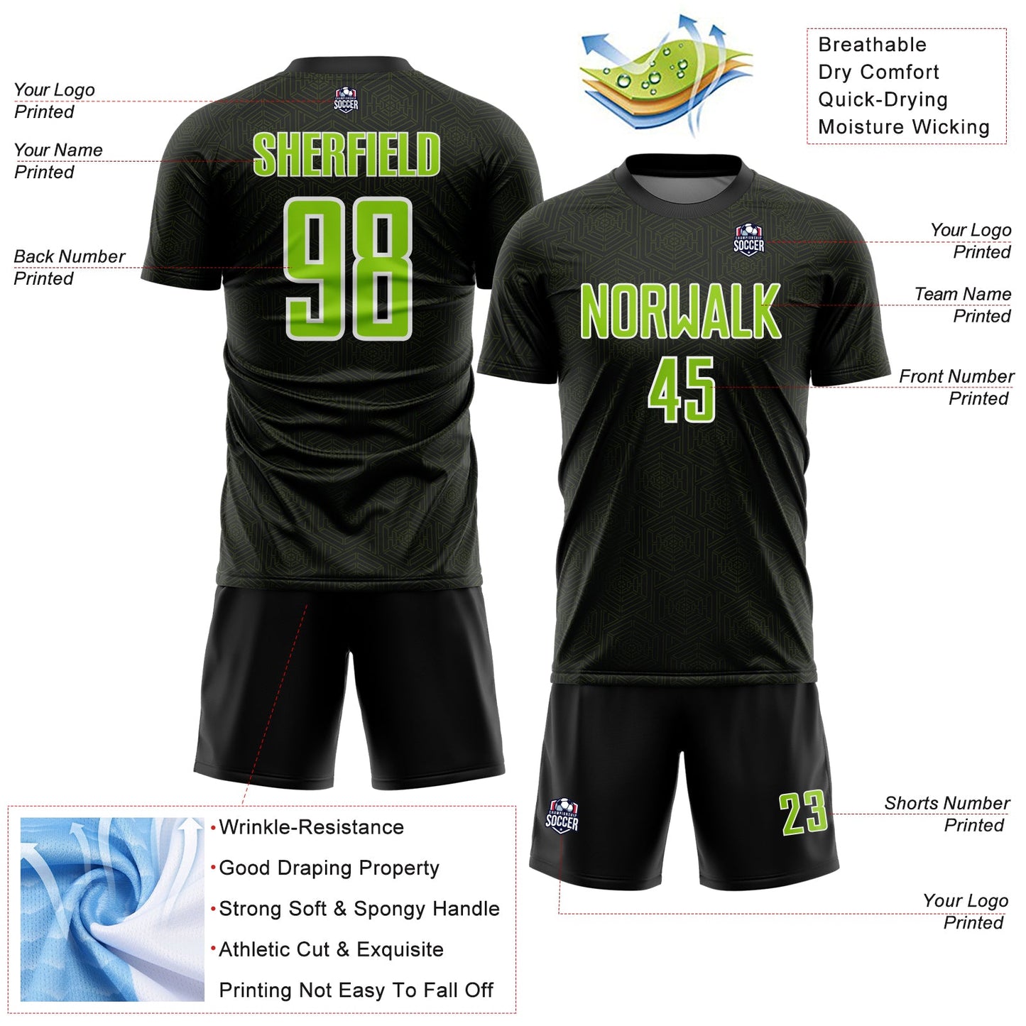 Custom Black Neon Green-White Geometric Shape Sports Sublimation Soccer Uniform Jersey view 4
