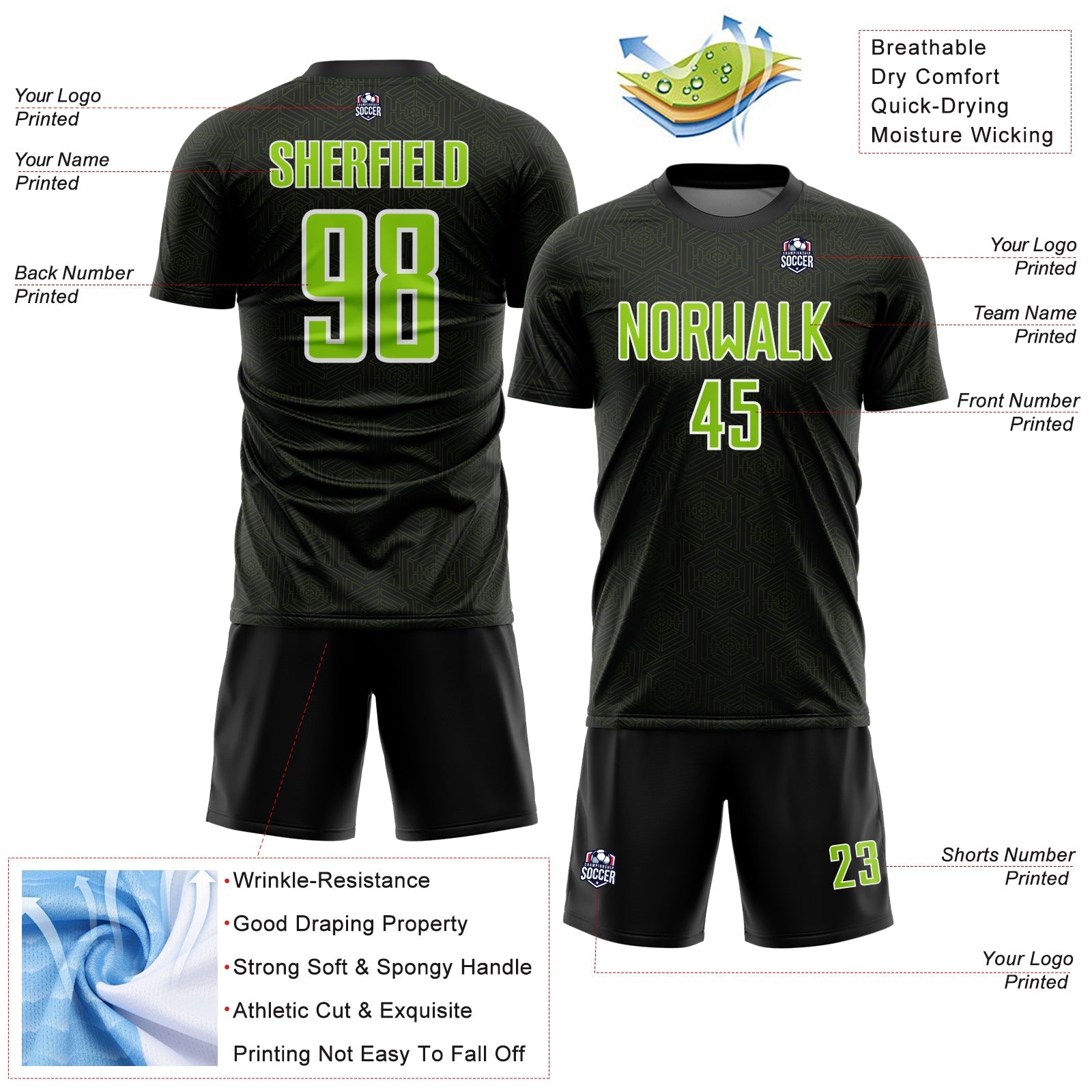 Custom Black Neon Green-White Geometric Shape Sports Sublimation Soccer Uniform Jersey view 4